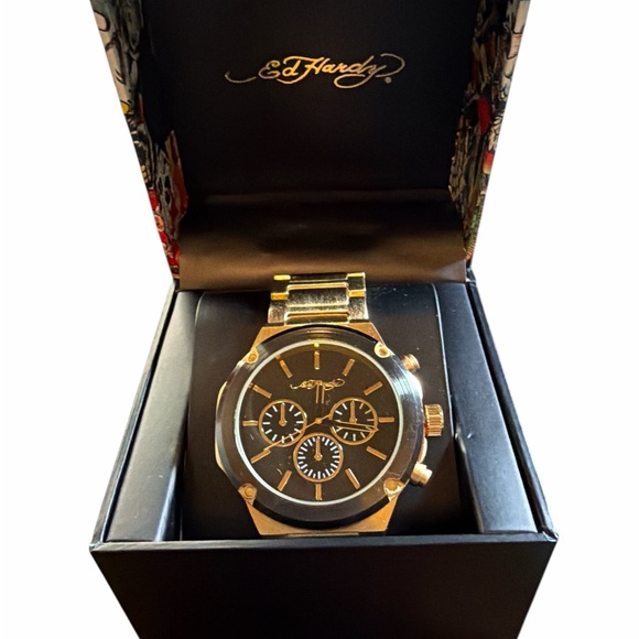 Ed Hardy Other - Ed Hardy Black and Gold Chronograph Watch